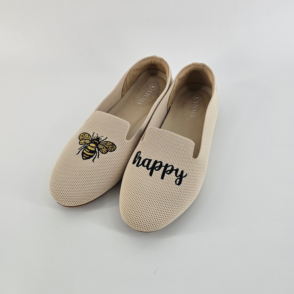 VIVAIA Audrey Loafers EU 38 Beige Bee Happy Embroidered Knit Flats Comfort Shoe